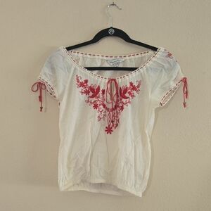 Lucky Brand White Blouse with Red Embroidery